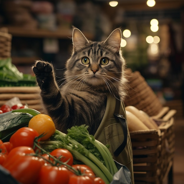 다리 로 채소 로 가득 찬 쇼핑 가방 을 들고 있는 고양이 의 영화적 인 사진