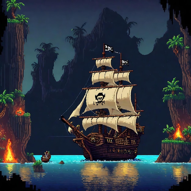 Кинематографический кадр из пикселированной игры по исследованию пиратских кораблей