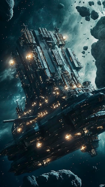 Cinematic Still intense space battle between two massive battleships starry sky nebulae galaxies HDR futuristic space battleship destroyers traveling through an asteroid field generate ai