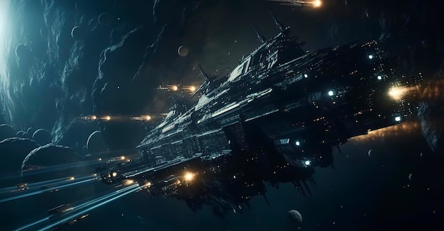 Cinematic Still intense space battle between two massive battleships starry sky nebulae galaxies HDR futuristic space battleship destroyers traveling through an asteroid field generate ai