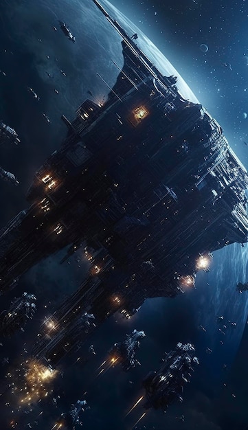 Cinematic Still intense space battle between two massive battleships starry sky nebulae galaxies HDR futuristic space battleship destroyers traveling through an asteroid field generate ai