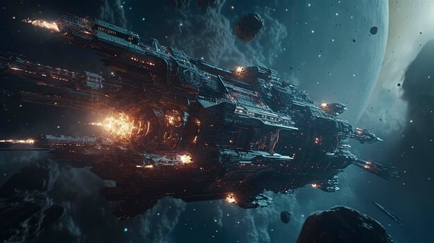 Cinematic Still intense space battle between two massive battleships starry sky nebulae galaxies HDR futuristic space battleship destroyers traveling through an asteroid field generate ai