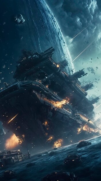 Cinematic Still intense space battle between two massive battleships starry sky nebulae galaxies HDR futuristic space battleship destroyers traveling through an asteroid field generate ai