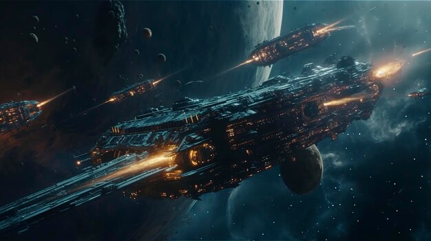 映画のような 2 つの巨大戦艦間の依然として激しい宇宙戦闘星空星雲銀河 HDR 小惑星フィールドを移動する未来的な宇宙戦艦駆逐艦が AI を生成