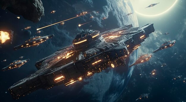 映画のような 2 つの巨大戦艦間の依然として激しい宇宙戦闘星空星雲銀河 HDR 小惑星フィールドを移動する未来的な宇宙戦艦駆逐艦が AI を生成