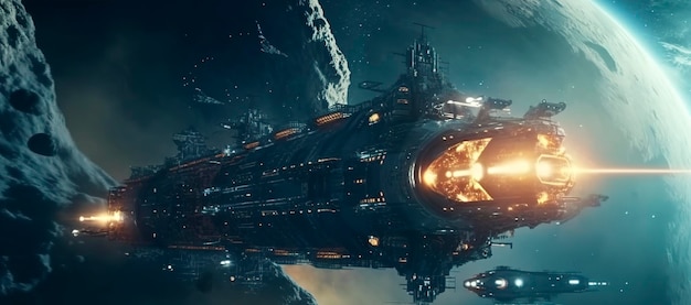 映画のような 2 つの巨大戦艦間の依然として激しい宇宙戦闘星空星雲銀河 HDR 小惑星フィールドを移動する未来的な宇宙戦艦駆逐艦が AI を生成