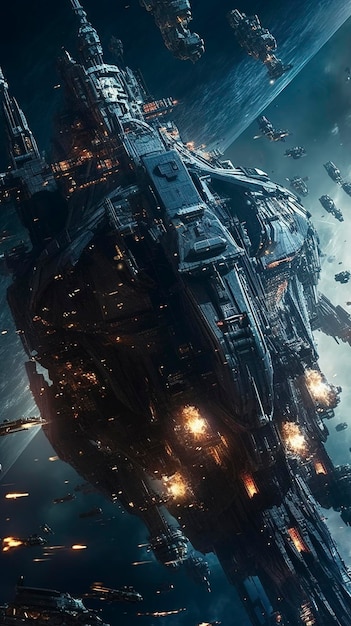 Cinematic Still intense space battle between two massive battleships starry sky nebulae galaxies HDR futuristic space battleship destroyers traveling through an asteroid field generate ai