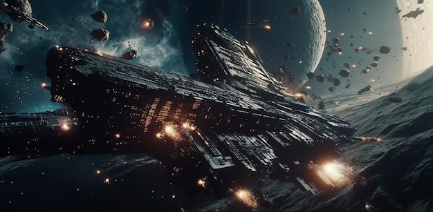 Cinematic Still intense space battle between two massive battleships starry sky nebulae galaxies HDR futuristic space battleship destroyers traveling through an asteroid field generate ai