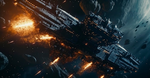 SuperHumanEpoch: Cinematic Still, intense space battle between two massive  battleships, starry sky, nebulae, galaxies, HDR futuristic space battleship  destroyers traveling through an asteroid field, planer in the isolated  blurred background