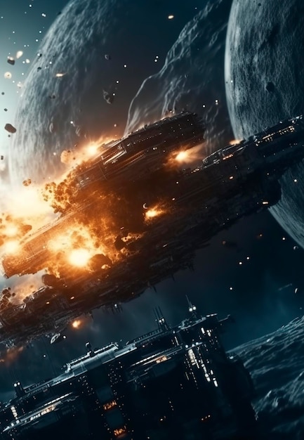 Cinematic Still intense space battle between two massive battleships starry sky nebulae galaxies HDR futuristic space battleship destroyers traveling through an asteroid field generate ai