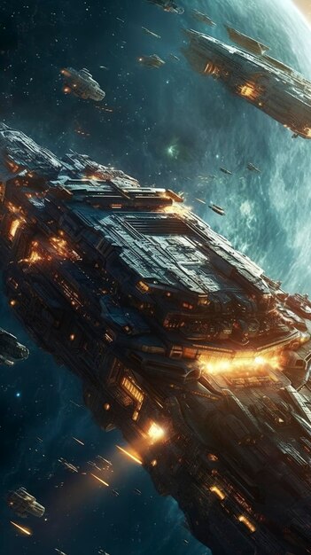 Cinematic Still intense space battle between two massive battleships starry sky nebulae galaxies HDR futuristic space battleship destroyers traveling through an asteroid field generate ai