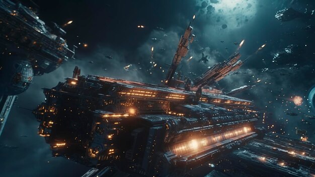 Cinematic Still, intense space battle between two massive battleships,  starry sky, nebulae, galaxies, HDR futuristic space battleship destroyers  traveling through an asteroid field, generate ai 24366176 Stock Photo at  Vecteezy