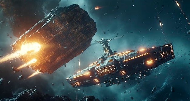 Cinematic Still, intense space battle between two massive battleships,  starry sky, nebulae, galaxies, HDR futuristic space battleship destroyers  traveling through an asteroid field, generate ai 24355281 Stock Photo at  Vecteezy