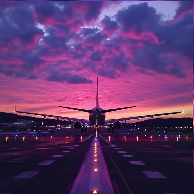 Cinematic sunset at airport 4K travel footage Scenic pink sunset with purple clouds in summer