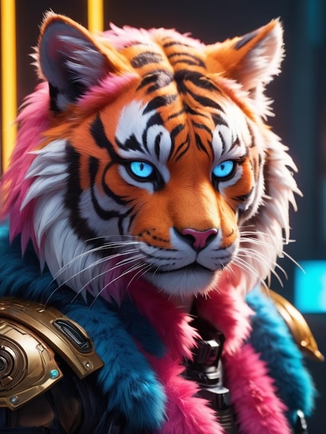 Photo cinematic tiger with cyberpunk wear in neon colors