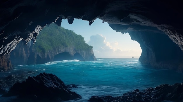 Foto una vista cinematografica dell'oceano da una grotta ia generativa