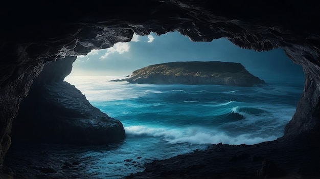 Foto una vista cinematografica dell'oceano da una grotta ia generativa