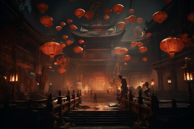 Foto vedute cinematografiche di un tempio illuminato da lanterne durante chin 00399 00