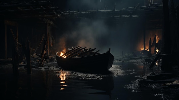 Cinematic Wooden Boat With Burning Fire A Captivating Artistic Creation