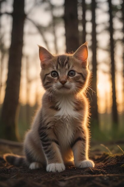 Cinematische sfeer Gouden uur zonsondergang en schattig kitten portret gegenereerd door AI