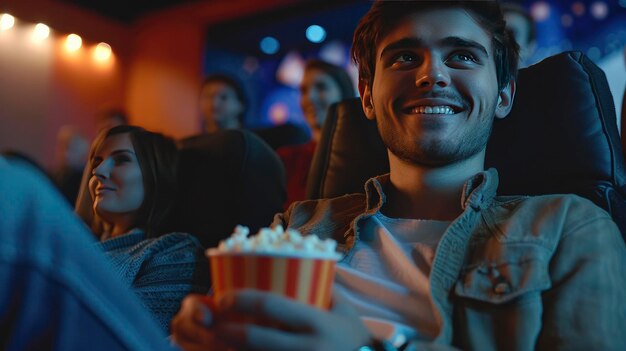 Cinematische verrukking Vreugdevolle jonge man die van een film in de bioscoop geniet en zich verliefd maakt op popcorn voor een ultieme kijkervaring