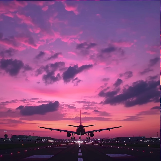 Cinematische zonsondergang op de luchthaven 4K reisbeelden Schilderachtige roze zonsondergang met paarse wolken in de zomer