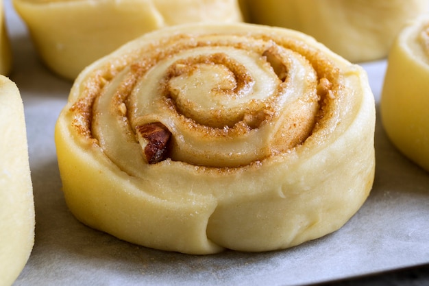 Cinnabon. 수제 계피 롤. 베이킹 시트에 원시 롤