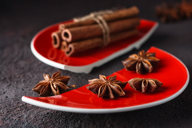 Cinnamon and anise on a red split plate.