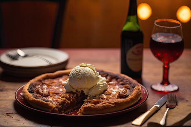 Cinnamon apple brown sugar pizza topped with vanilla ice cream