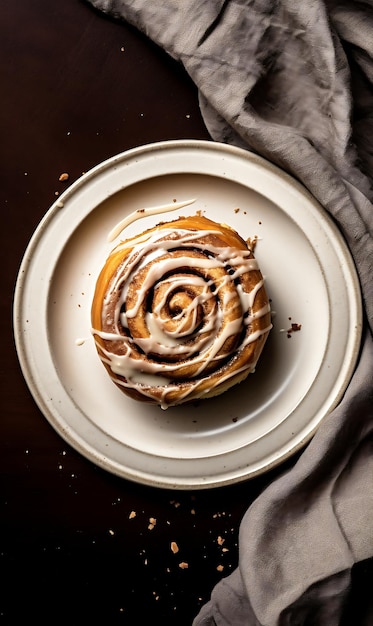 Foto cinnamon bun op een bord geïsoleerd op de achtergrond top view