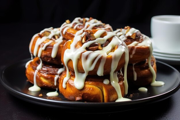 Cinnamon buns with melting icing on a white plate