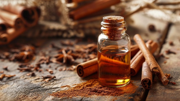 Cinnamon essential oil and wood mon background selective focus Generative AI