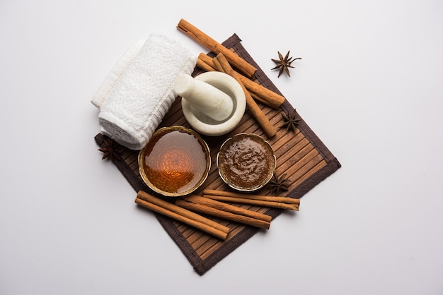 Cinnamon Honey Ayurvedic Face mask made using daalacheenee or Dalchini powder mixed with Shahad, selective focus