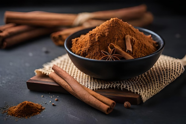 Cinnamon powder in a bowl with cinnamon sticks on a cloth