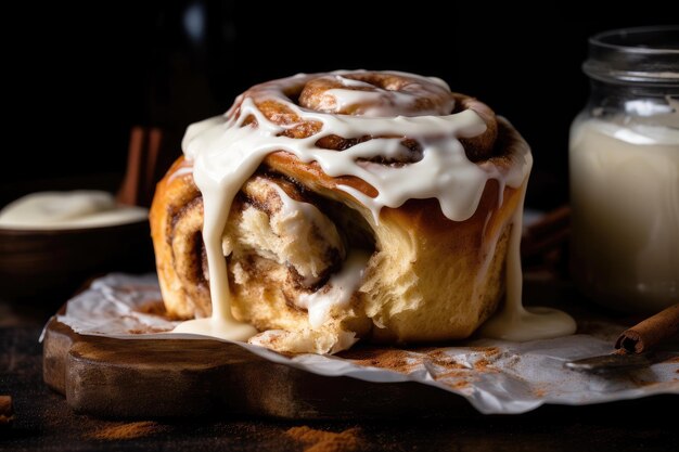 Cinnamon roll bursting with cinnamon and topped with dollop of frosting