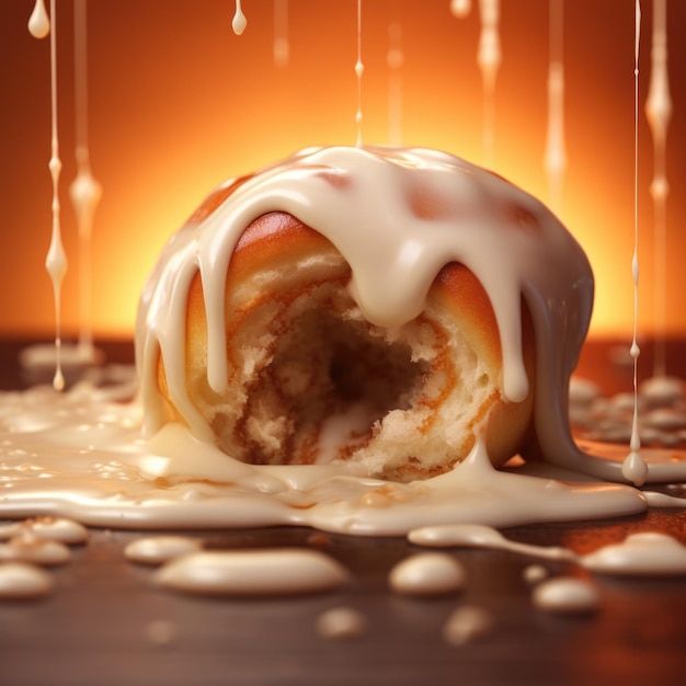 Cinnamon roll dipped in icing with splashes and waves