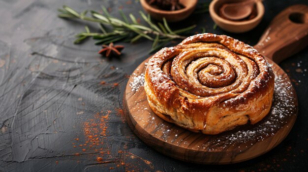 a cinnamon roll is on a wooden cutting board with a green branch on the top