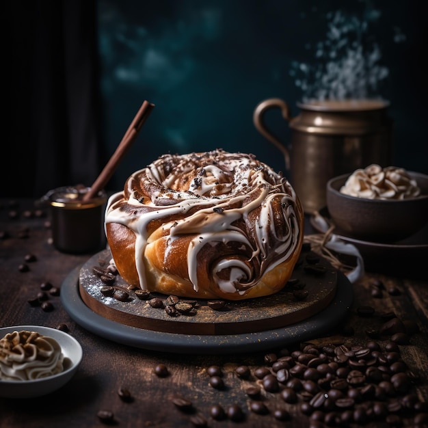 A cinnamon roll with a cup of coffee and a copper mug of coffee on the table.