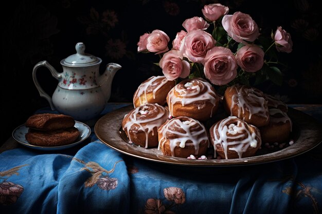 Photo cinnamon rolls served on a vintage floral plate