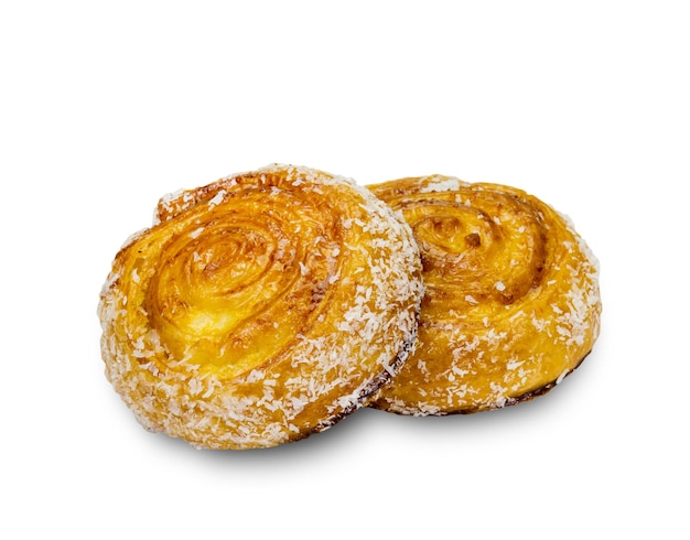 Cinnamon rolls with coconut on white backgroundclipping path