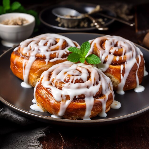 Photo cinnamon rolls with icing on a plate