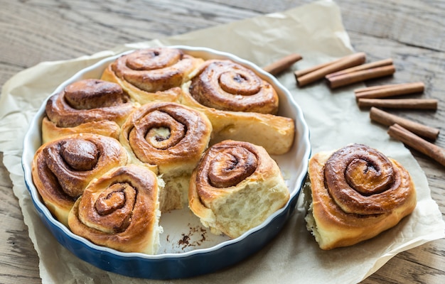 Cinnamon rolls on the wooden surface