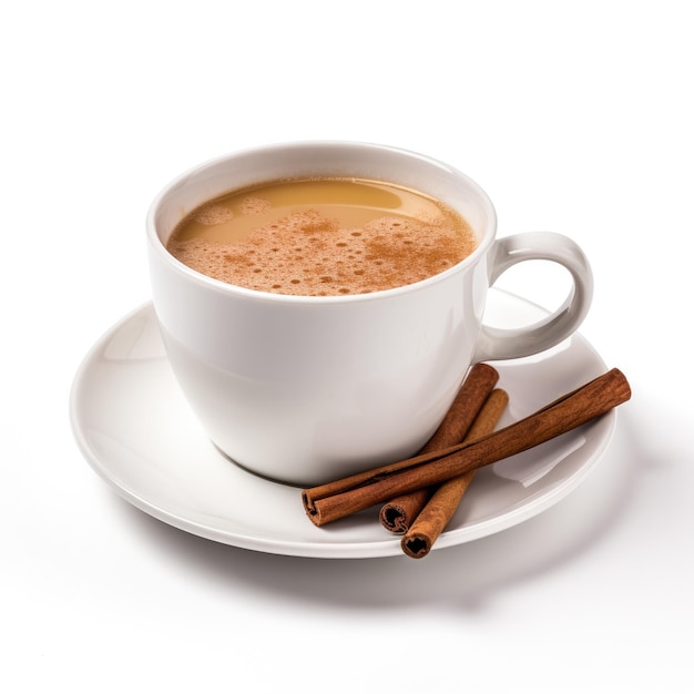 Cinnamon spiced apple cider in a cinnamon stickpatterned cup isolated on white background