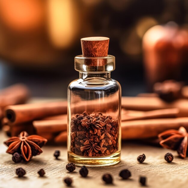 cinnamon star anise coriander and anise beautifully presented in glass bottles