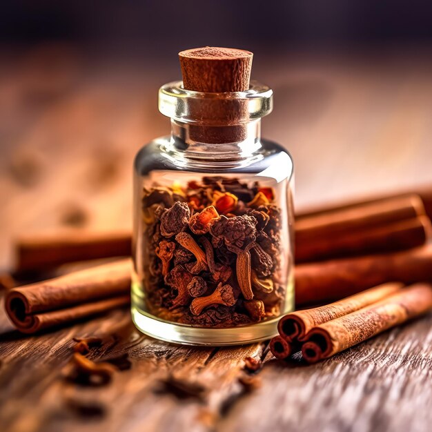 cinnamon star anise coriander and anise beautifully presented in glass bottles