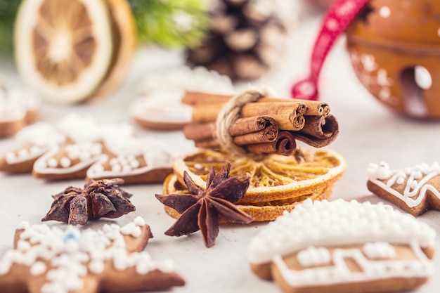 Cinnamon star anise gingerbread dry orange with christmas decoration.