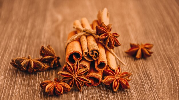 Cinnamon and star anise on wooden background, Herbs and Spices