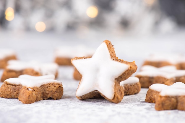 Cinnamon stars, traditional german christmas cookies, gingerbread, empty copy space