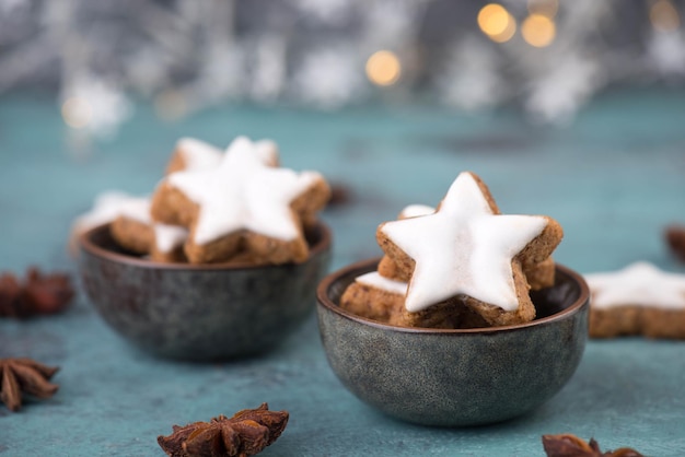 Cinnamon stars, traditional german christmas cookies, gingerbread, empty copy space