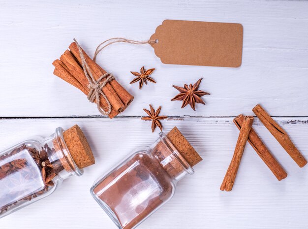 Cinnamon stick, cinnamon powder and spice star anise 